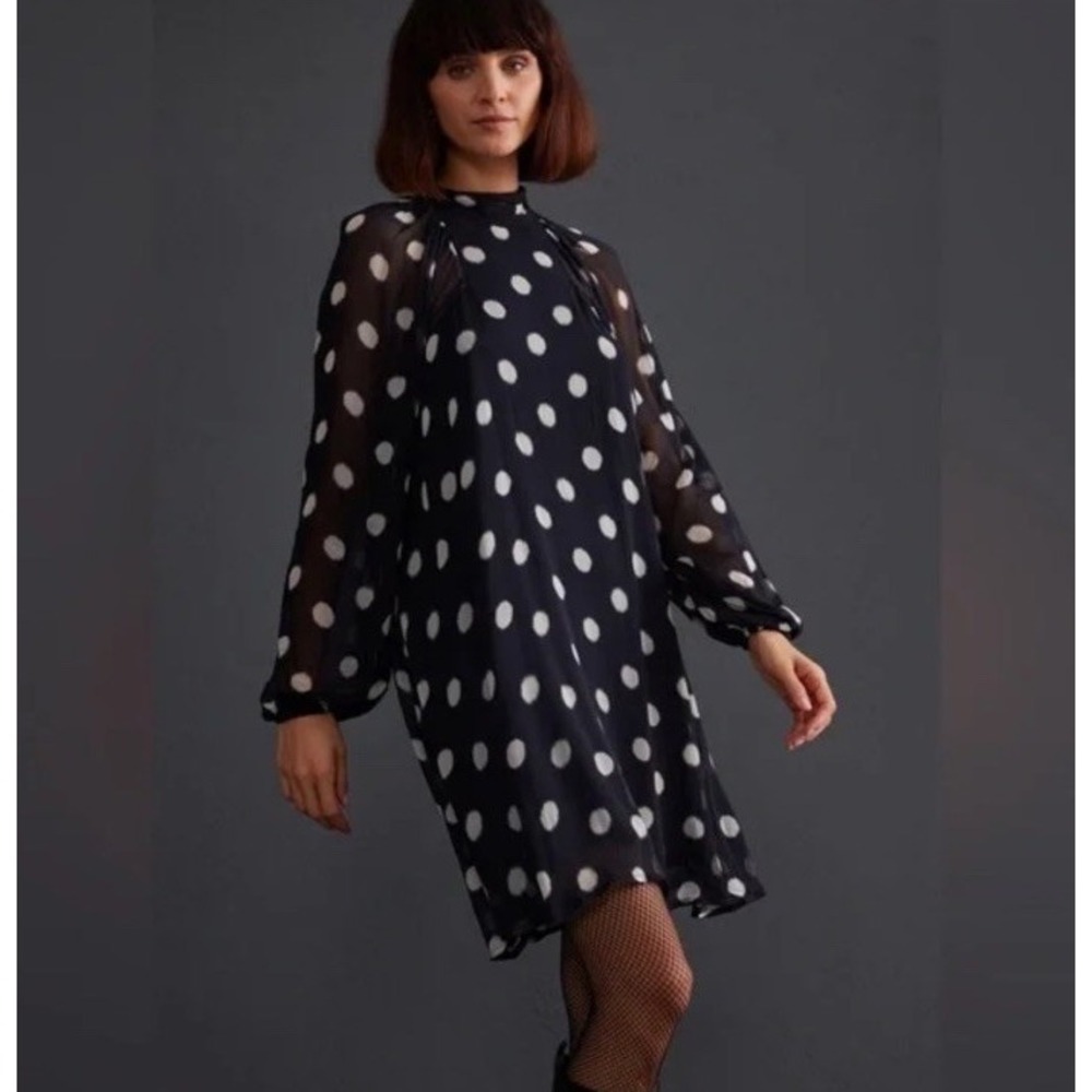 NWT Anthropologie Maeve Long-Sleeve Sheer Mini Dress Black XL Polka Dot Holiday